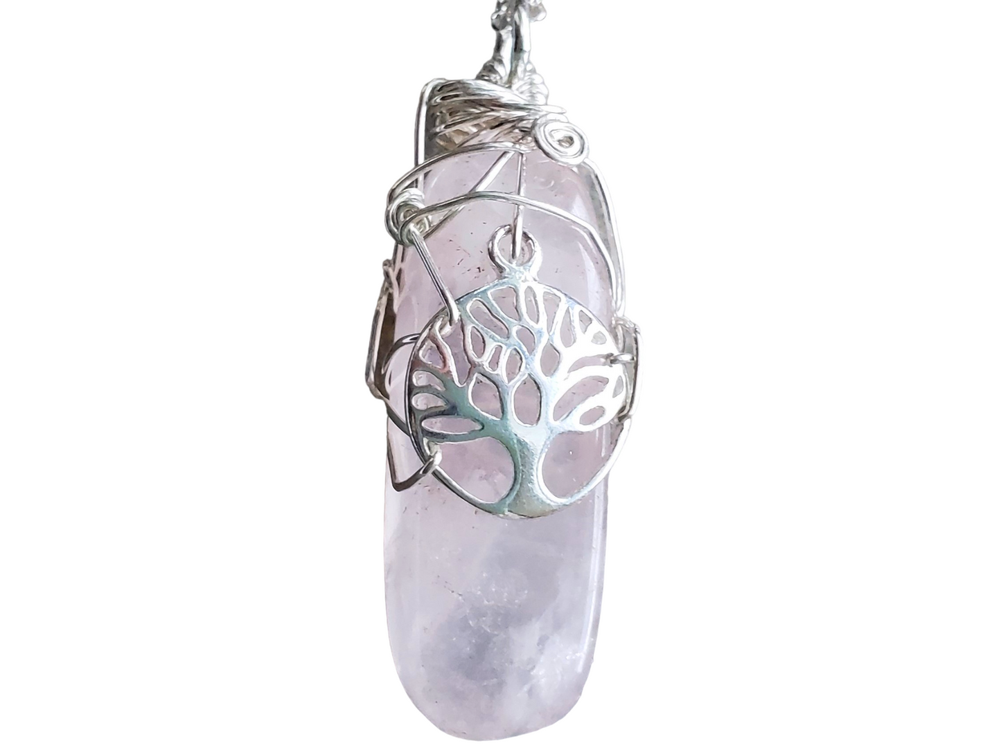 Strong and full of Faith Rose Quartz, Tree of Life Pendant Necklace, Wire wrapped pink gemstone with tree on chain.