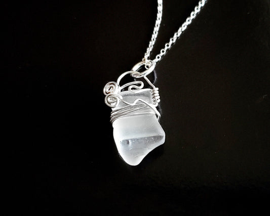 Satin Clear Beach Glass-Freshwater Sea Glass, Sterling Silver wire wrapped pendant on Rolo style chain.