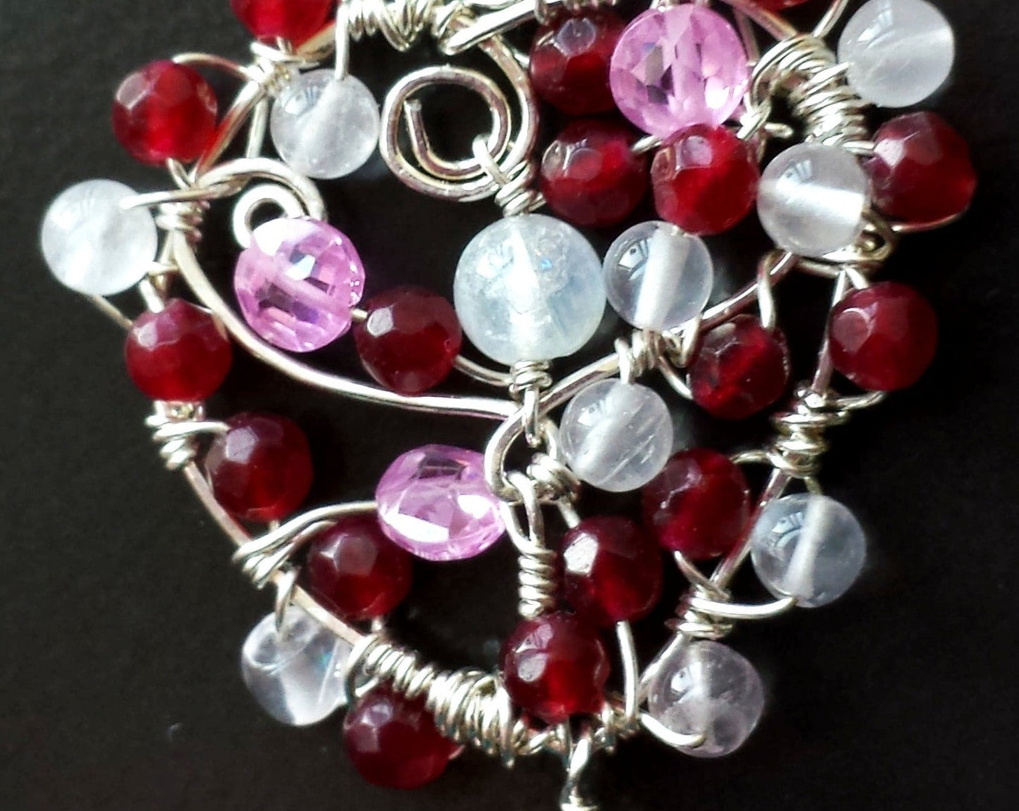 Heart of Gems Pendant Necklace, One of a Kind, Sterling Silver Mulit Gemstone Wire Work Pendant, Reds & Pinks, Moonstone, Jade