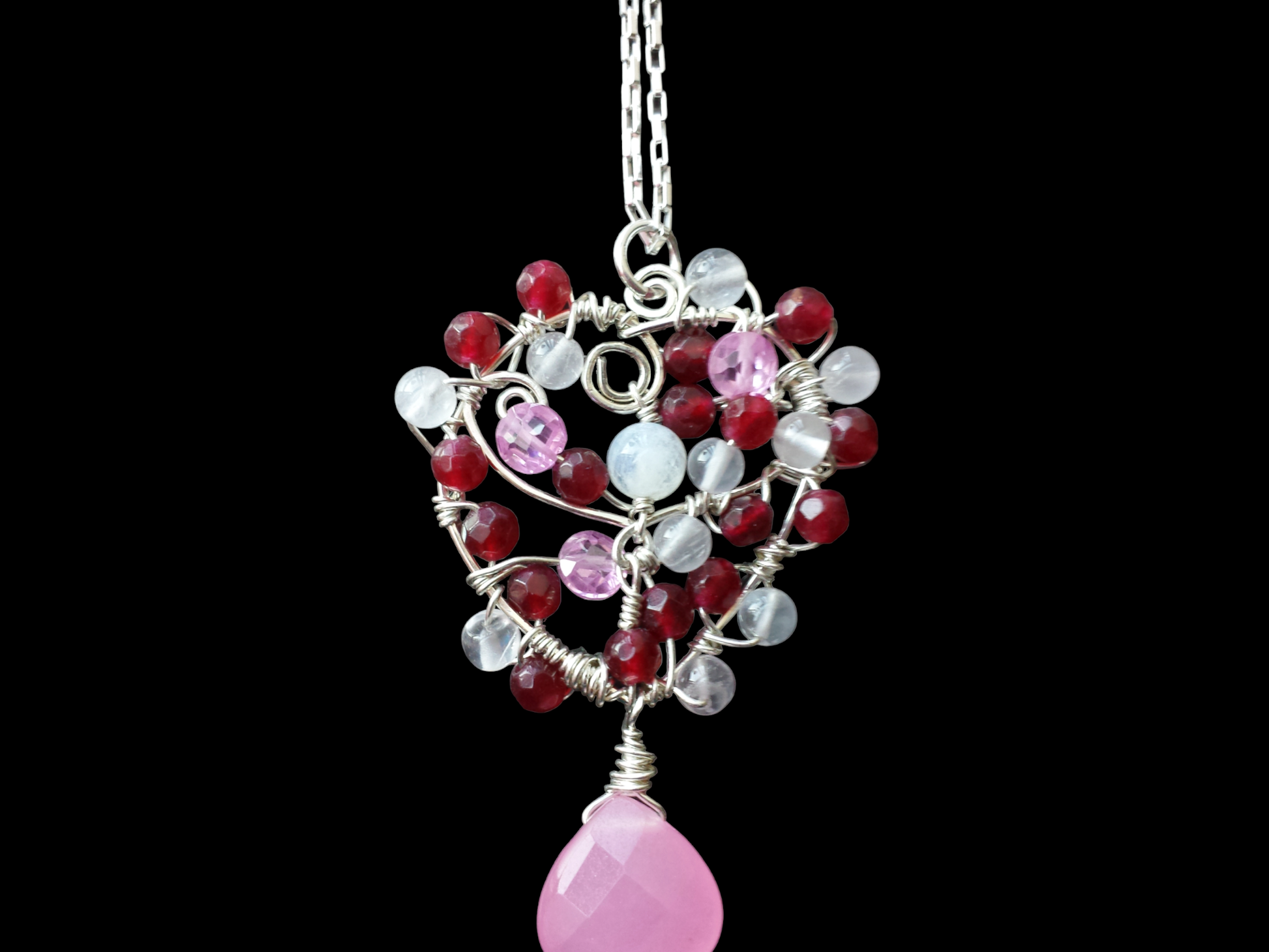 Heart of Gems Pendant Necklace, One of a Kind, Sterling Silver Multi Gemstone Wire Work Pendant, Reds & Pinks, Moonstone, Jade