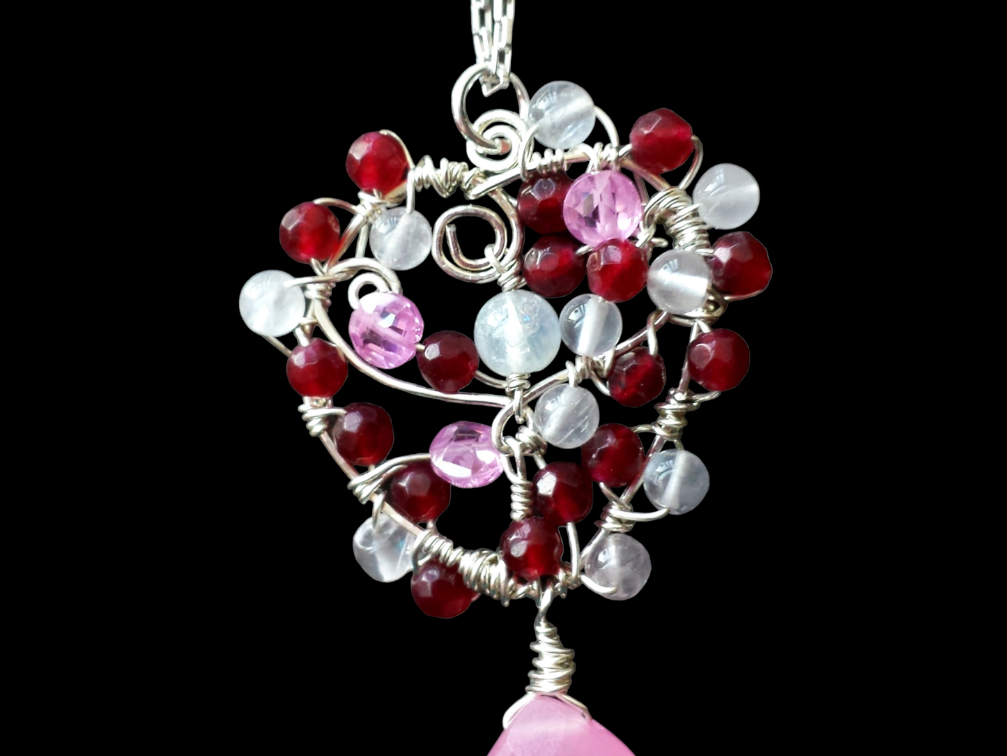 Heart of Gems Pendant Necklace, One of a Kind, Sterling Silver Multi Gemstone Wire Work Pendant, Reds & Pinks, Moonstone, Jade