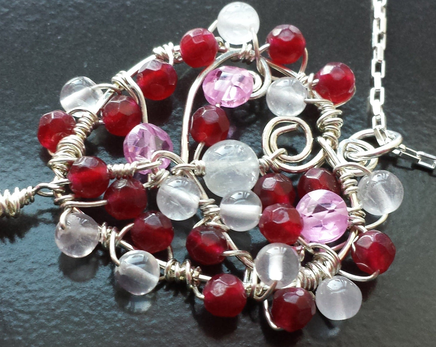 Heart of Gems Pendant Necklace, One of a Kind, Sterling Silver Mulit Gemstone Wire Work Pendant, Reds & Pinks, Moonstone, Jade