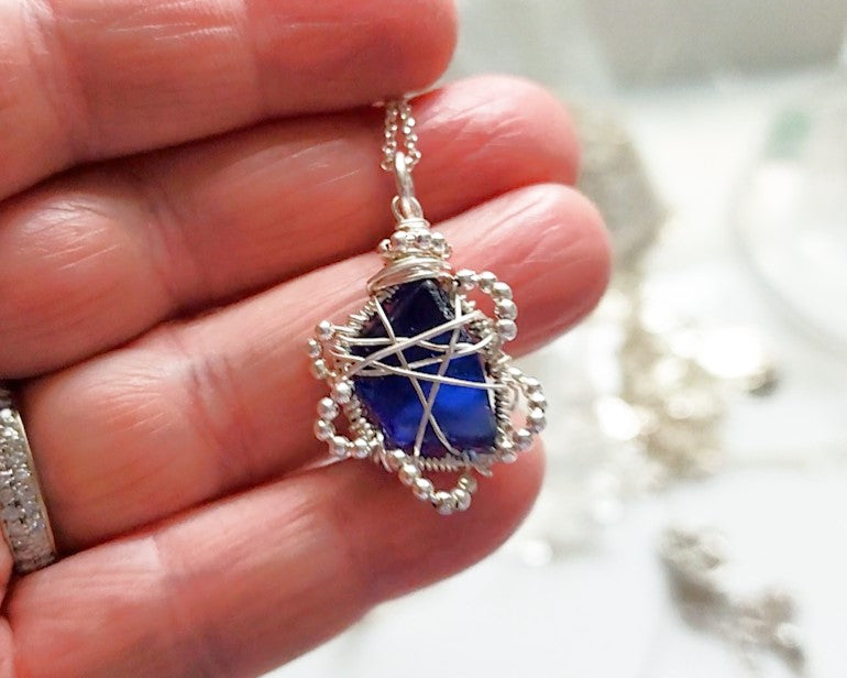 Sapphire Blue Freshwater Sea Glass/Beach Glass Flower Pendant