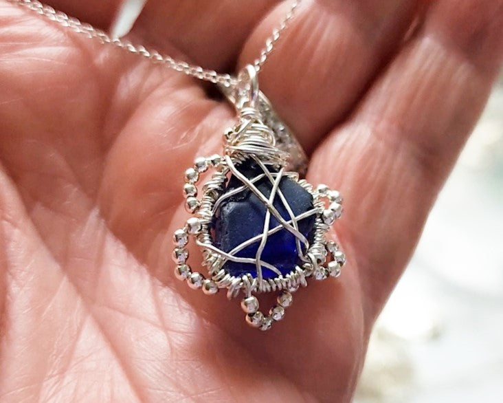 Sapphire Blue Freshwater Sea Glass/Beach Glass Flower Pendant