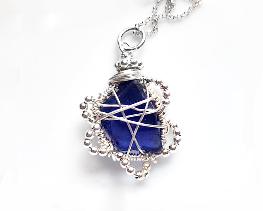 Sapphire Blue Freshwater Sea Glass/Beach Glass Flower Pendant