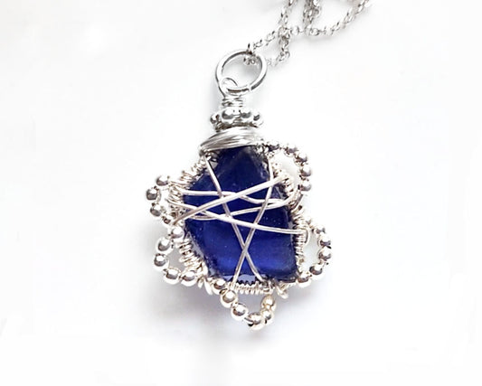 Sapphire Blue Beach Glass Flower Pendant- Freshwater Sea Glass