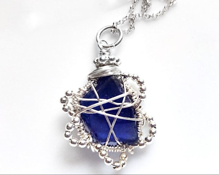 Sapphire Blue Freshwater Sea Glass/Beach Glass Flower Pendant