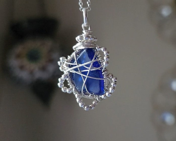 Sapphire Blue Freshwater Sea Glass/Beach Glass Flower Pendant
