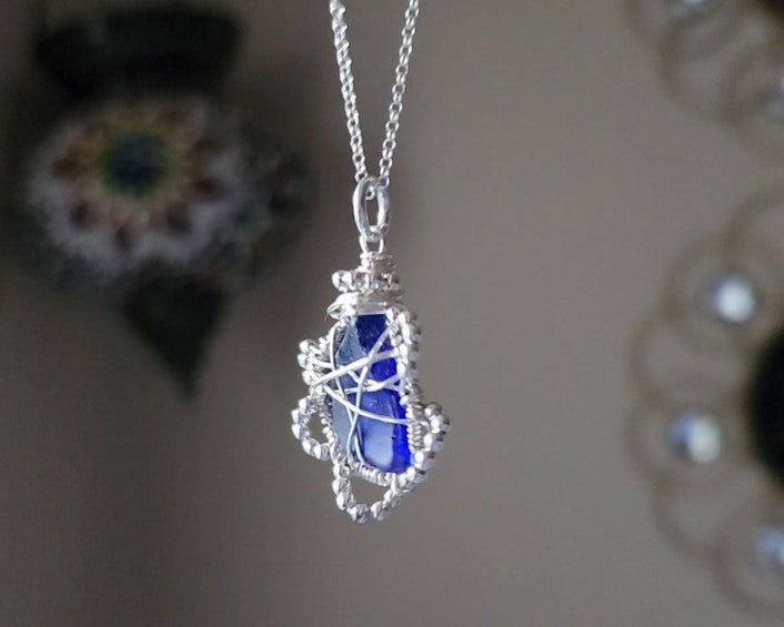 Sapphire Blue Freshwater Sea Glass/Beach Glass Flower Pendant