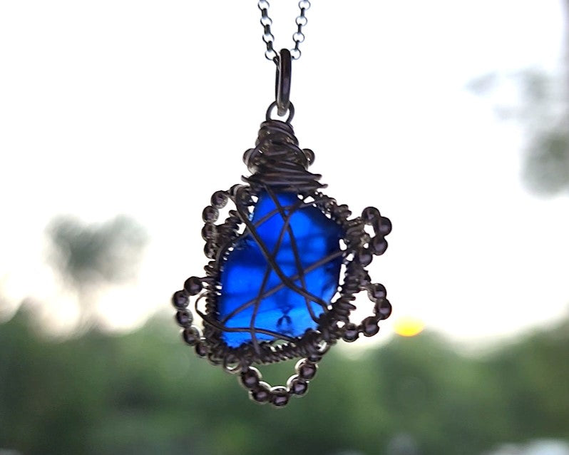 Sapphire Blue Freshwater Sea Glass/Beach Glass Flower Pendant