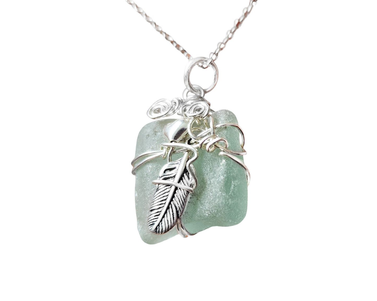 Feather on the Beach Aqua Blue Beach Glass / Freshwater Sea Glass Pendant with Sterling Silver Feather and wire wrapped design. 