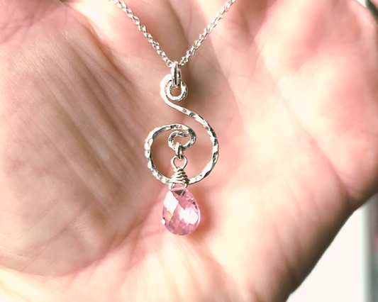 Pink Cubic Zirconia Healing Pendant hand forged design, a brilliant pink Cubic Zirconia dangle on Rolo chain