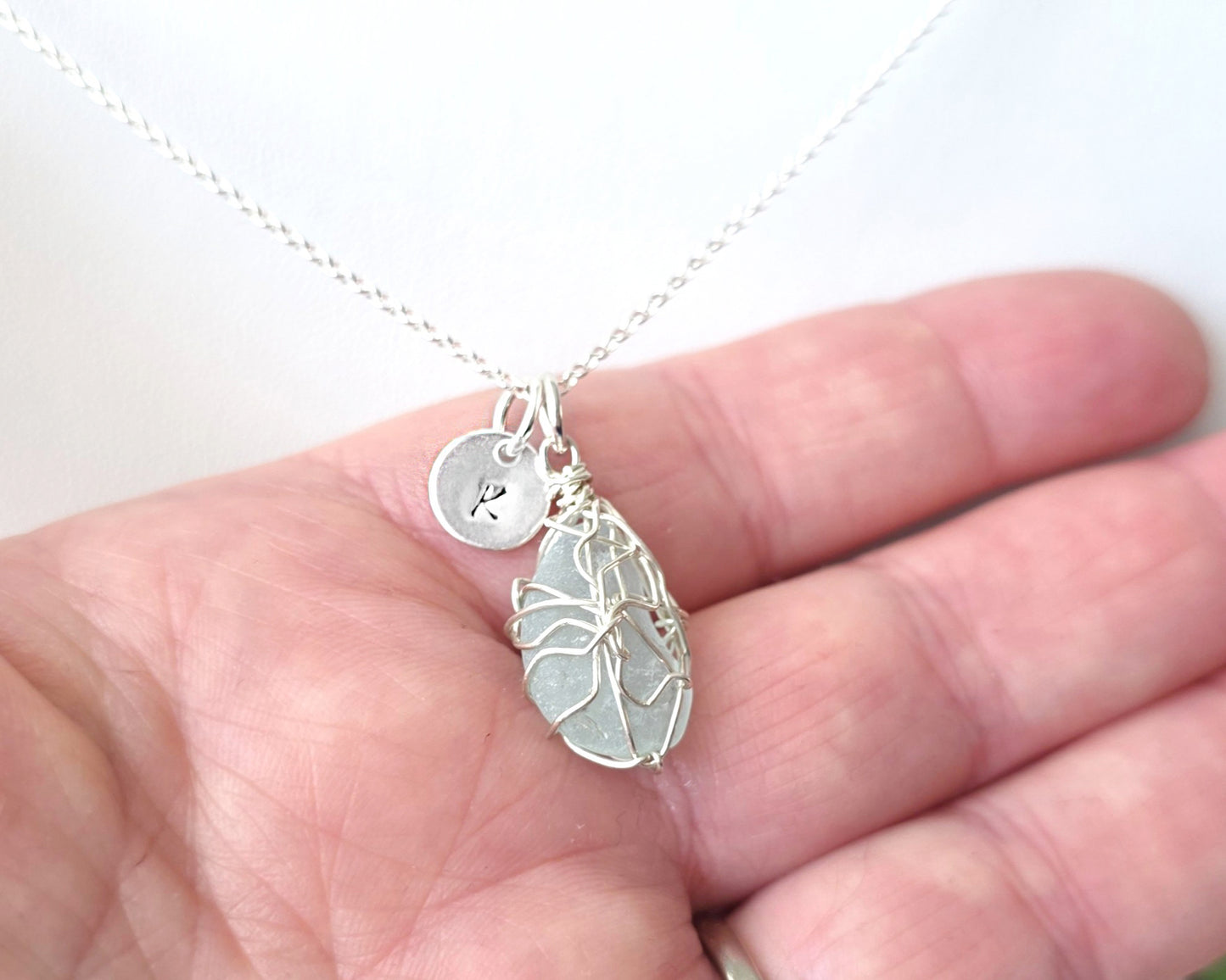 Aqua Blue Sea Glass, Freshwater Sea Glass Wire Wrapped Pendant Necklace with Initial Pendant on Sterling Silver Rolo Chain on Hand 