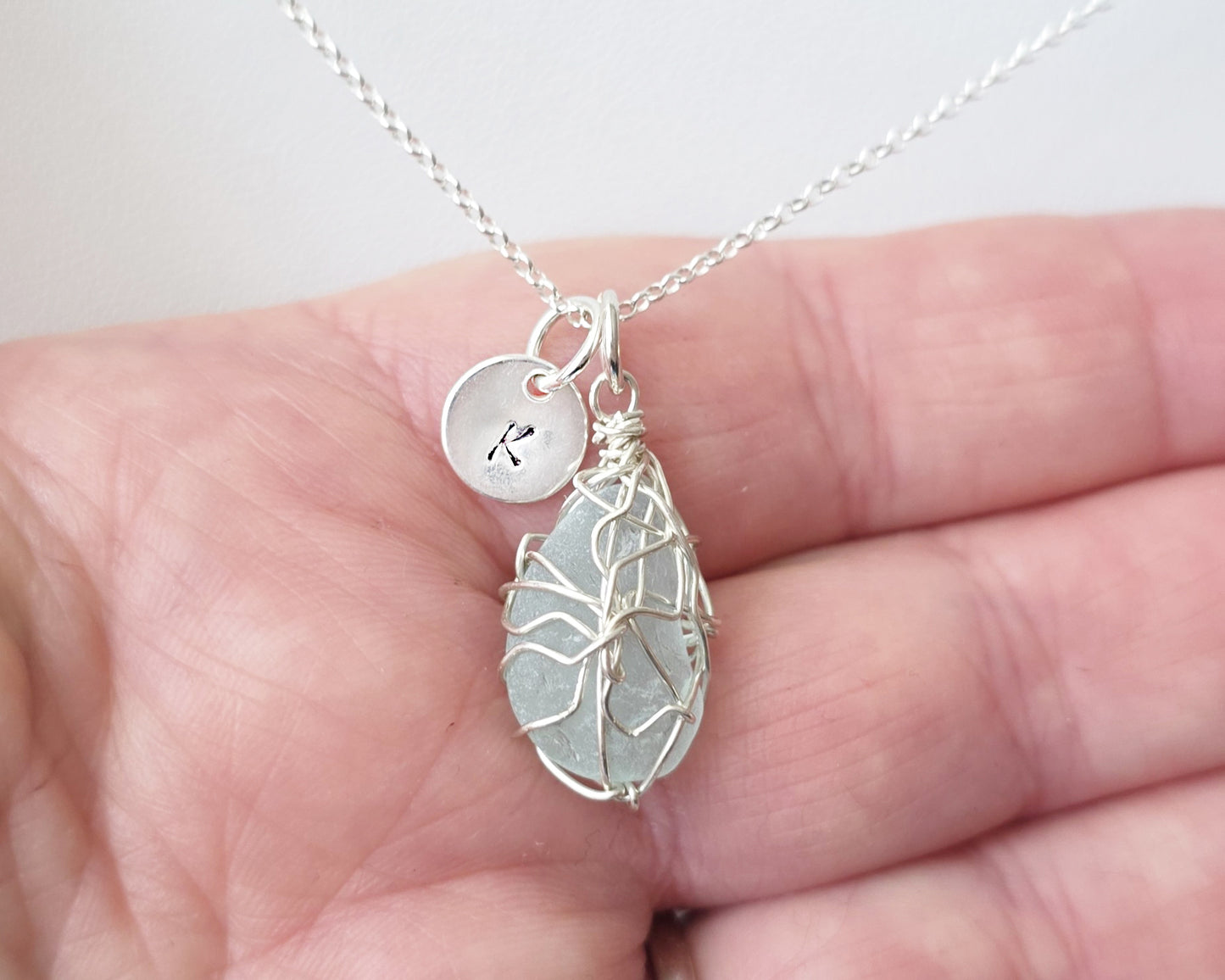 Aqua Blue Sea Glass, Freshwater Sea Glass Wire Wrapped Pendant Necklace with Initial Pendant on Sterling Silver Rolo Chain on Hand 