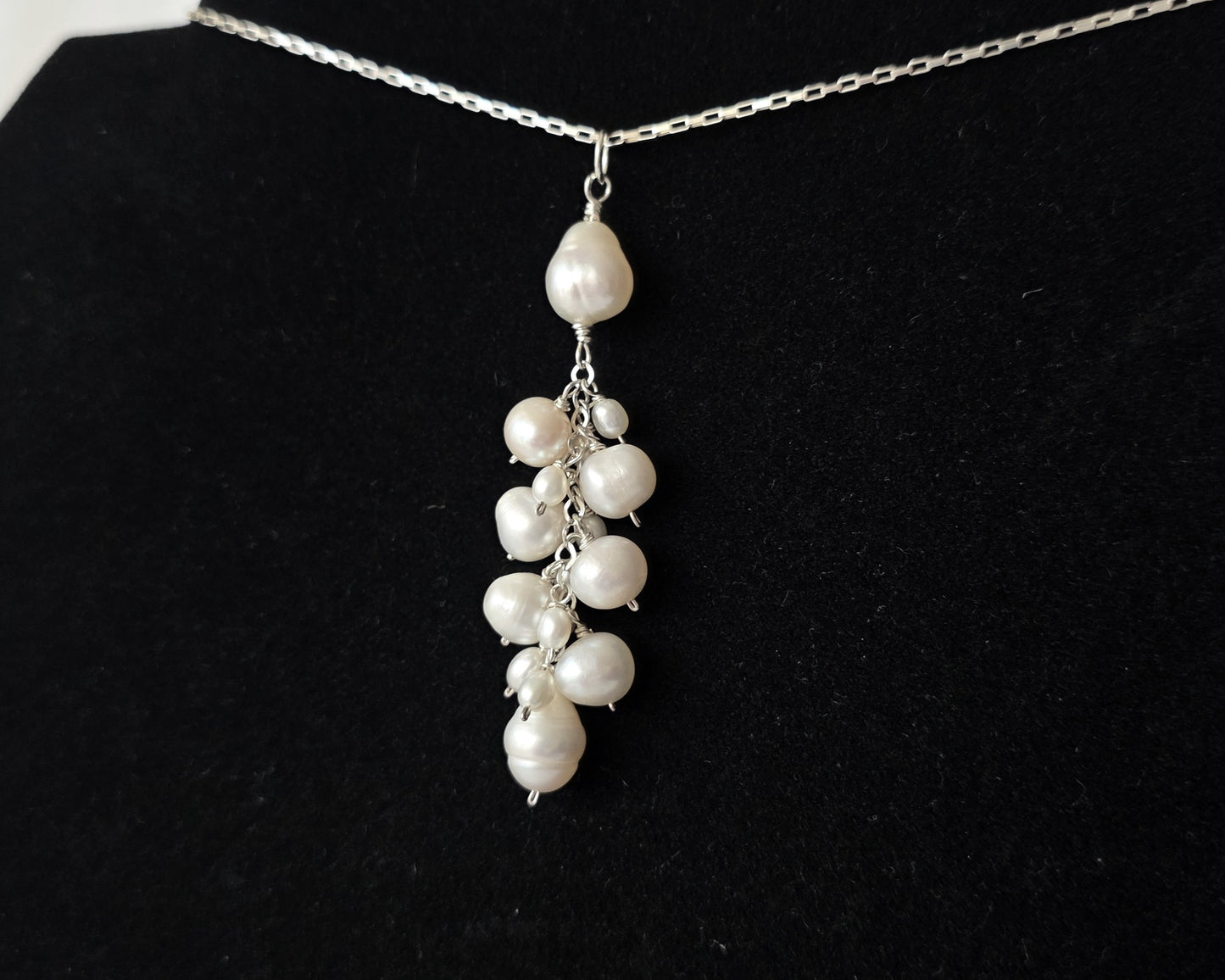 Large white Freshwater Cultured Pearl Cluster Pendant on Sterling Silver chain, on Black background 