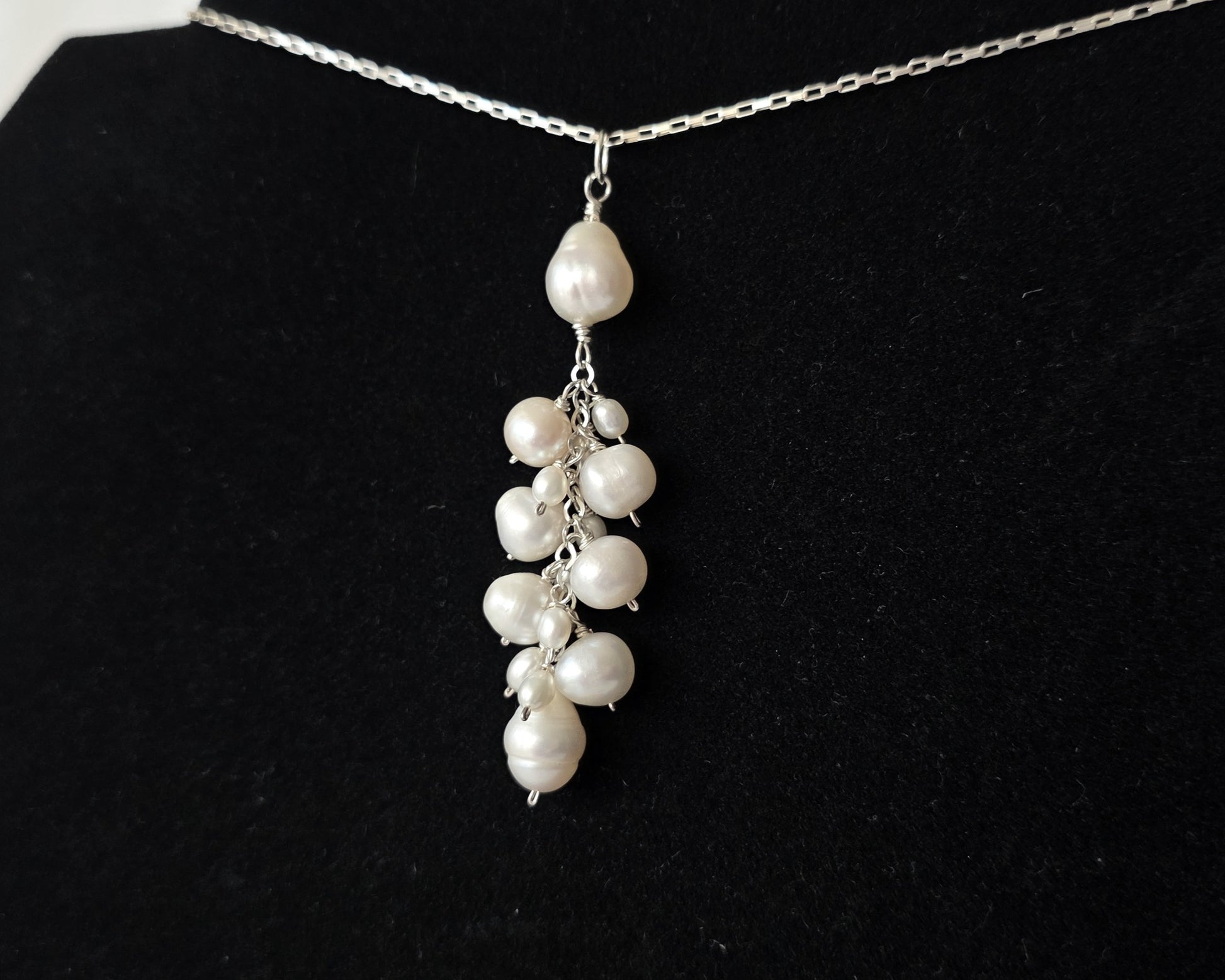 Large white Freshwater Cultured Pearl Cluster Pendant on Sterling Silver chain, on Black background 