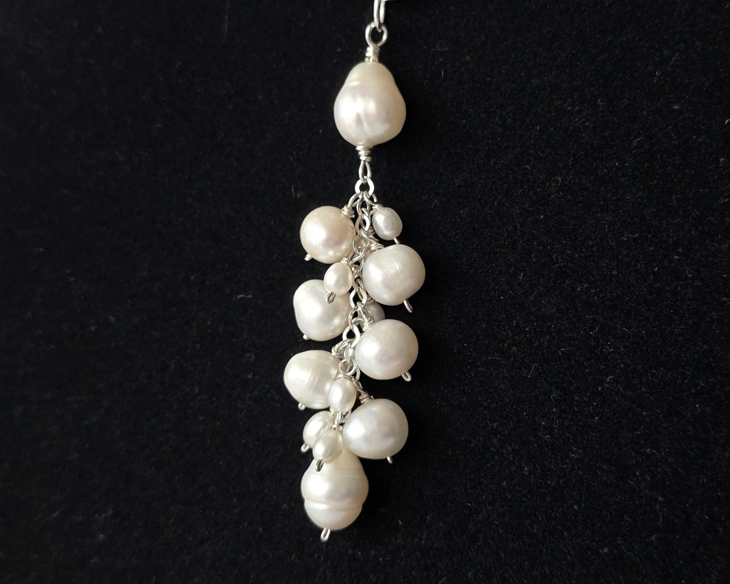 Large white Freshwater Cultured Pearl Cluster Pendant on Sterling Silver chain, on Black background 