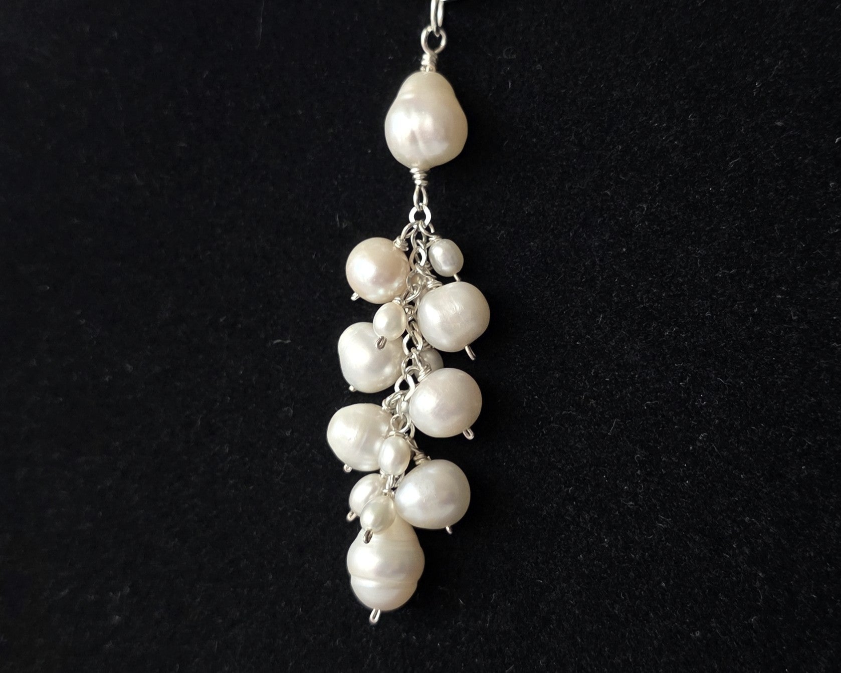 Large white Freshwater Cultured Pearl Cluster Pendant on Sterling Silver chain, on Black background 