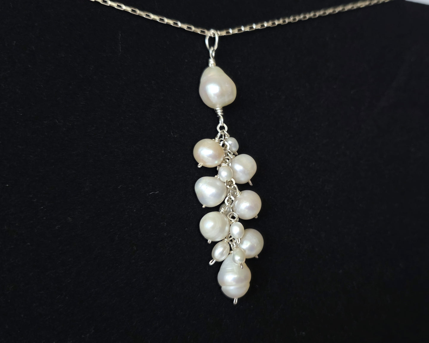 Large white Freshwater Cultured Pearl Cluster Pendant on Sterling Silver chain, on Black background 