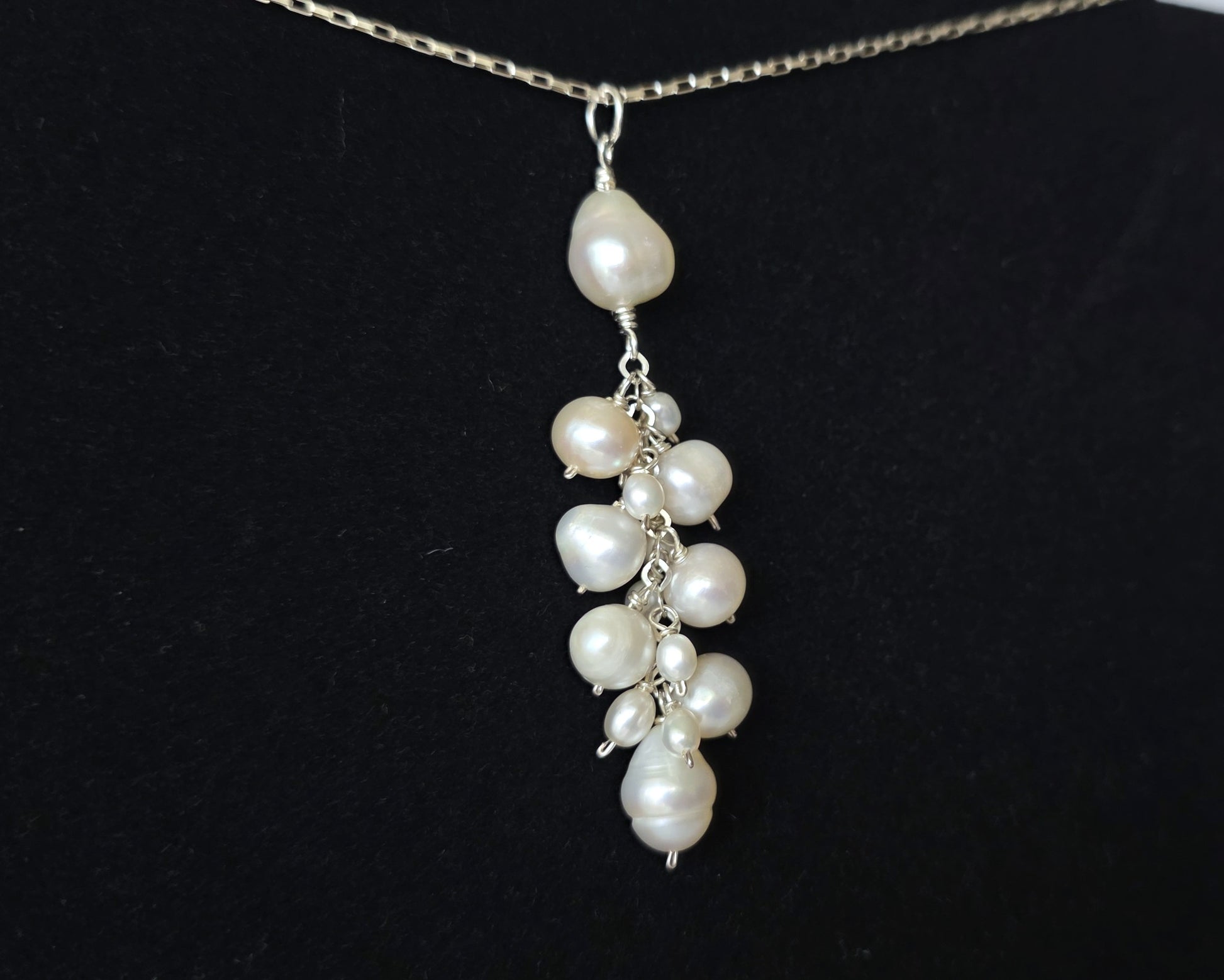 Large white Freshwater Cultured Pearl Cluster Pendant on Sterling Silver chain, on Black background 