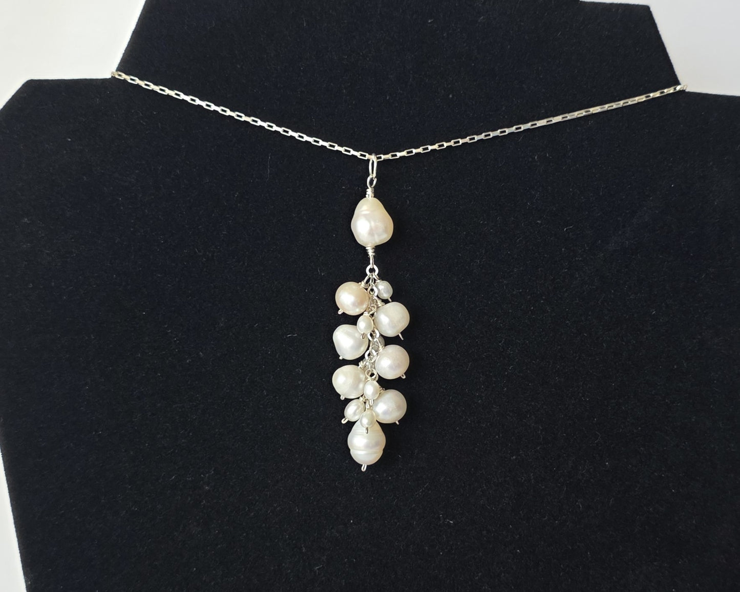 Large white Freshwater Cultured Pearl Cluster Pendant on Sterling Silver chain, on Black background 