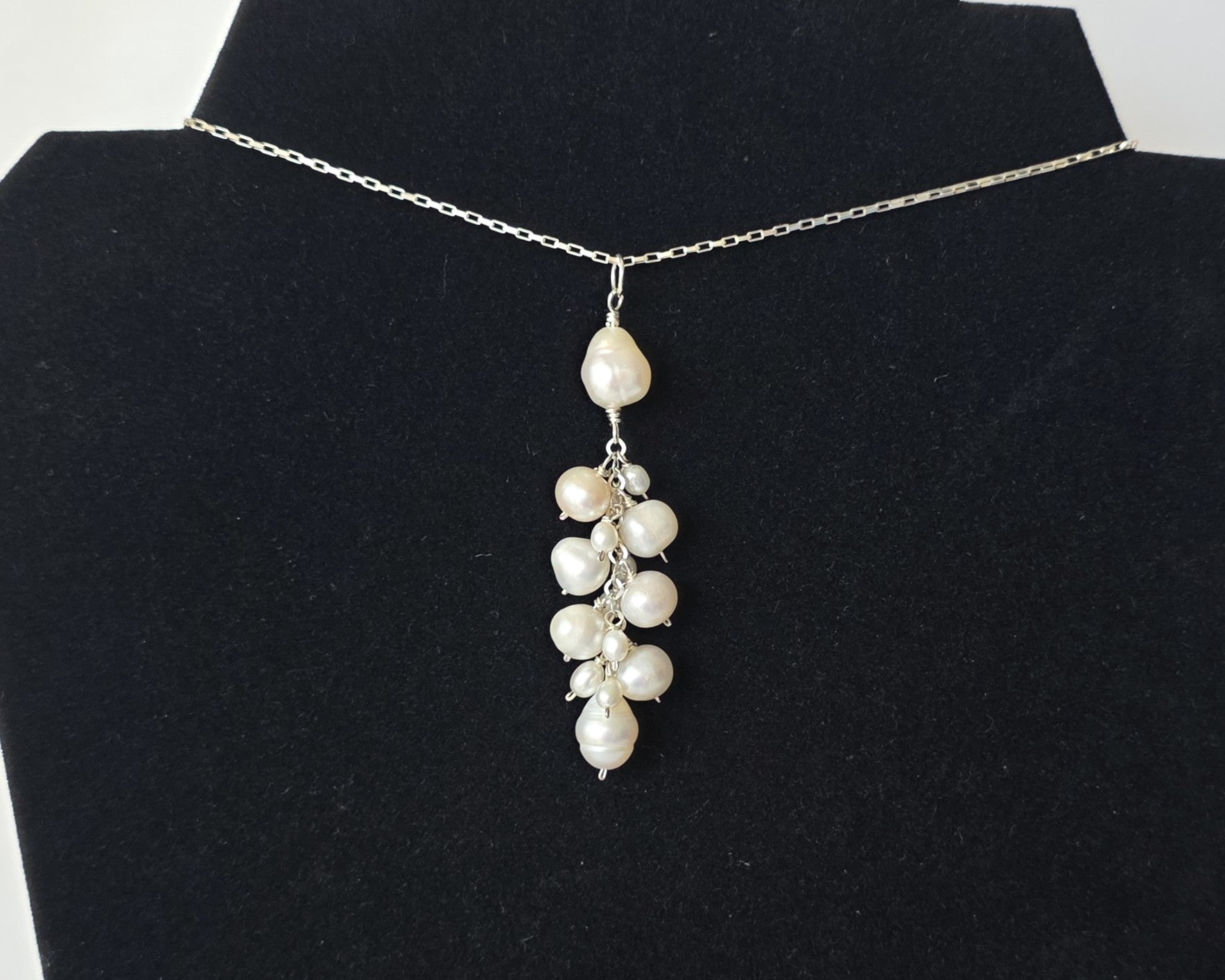 Large white Freshwater Cultured Pearl Cluster Pendant on Sterling Silver chain, on Black background 