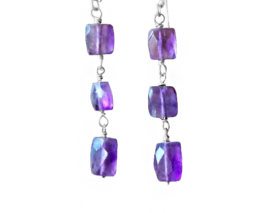 Long Amethyst Earrings with three square and rectangle faceted stones on Sterling Silver french earring hooks. 