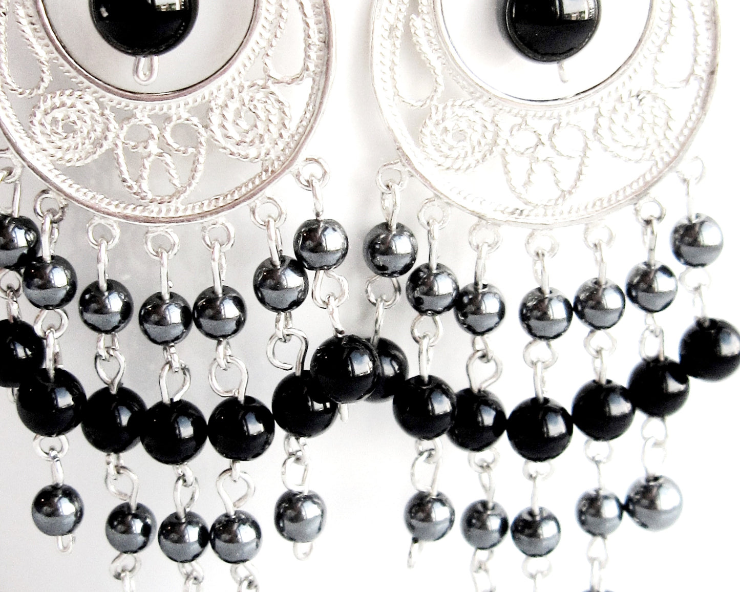 Long Decorative Black Onyx Hematite Chandelier Earrings