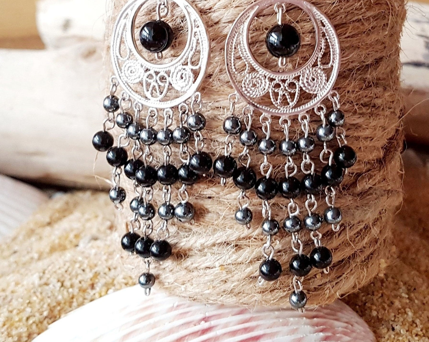 Long Decorative Black Onyx Hematite Chandelier Earrings with Filigree Sterling Silver design and long dangling streams of small round black onyx and hematite beads
