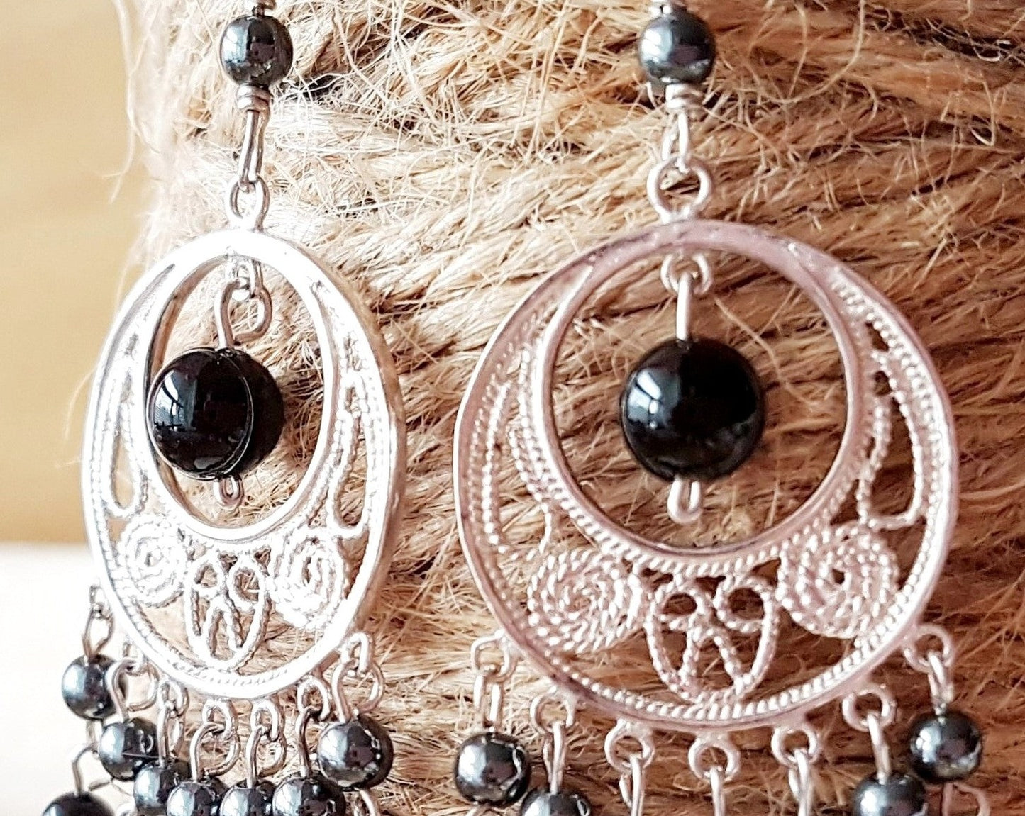 Long Decorative Black Onyx Hematite Chandelier Earrings with Filigree Sterling Silver design and long dangling streams of small round black onyx and hematite beads
