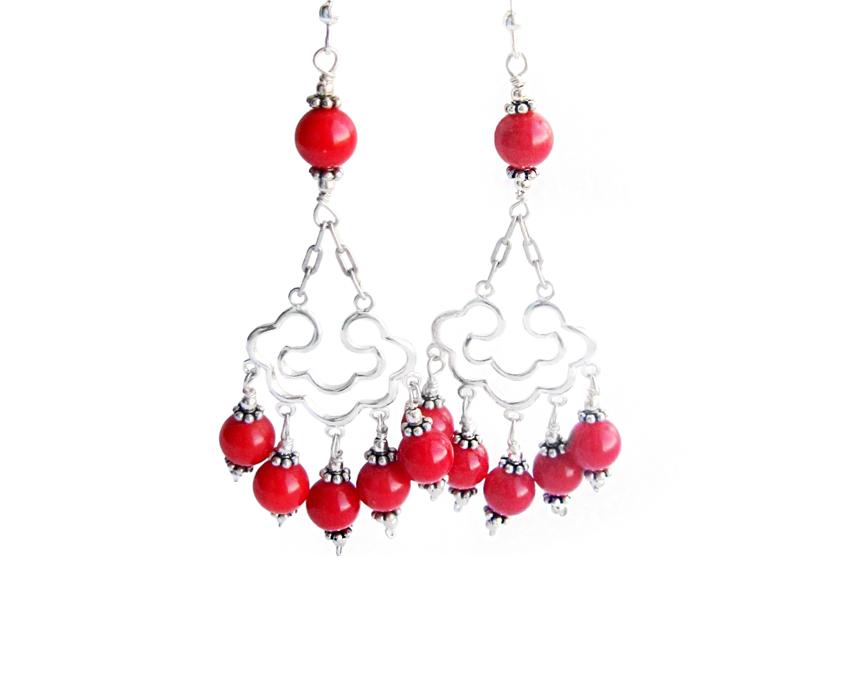Long Red Coral Chandelier Earrings, solid Sterling Silver, and red Coral