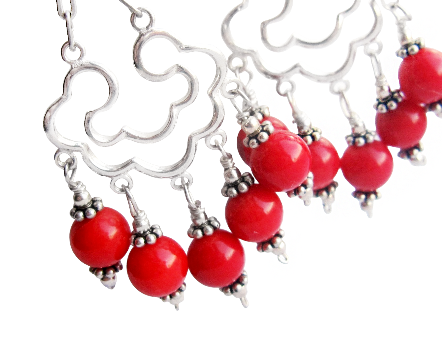 Long Red Coral Chandelier Earrings, solid Sterling Silver, and red Coral