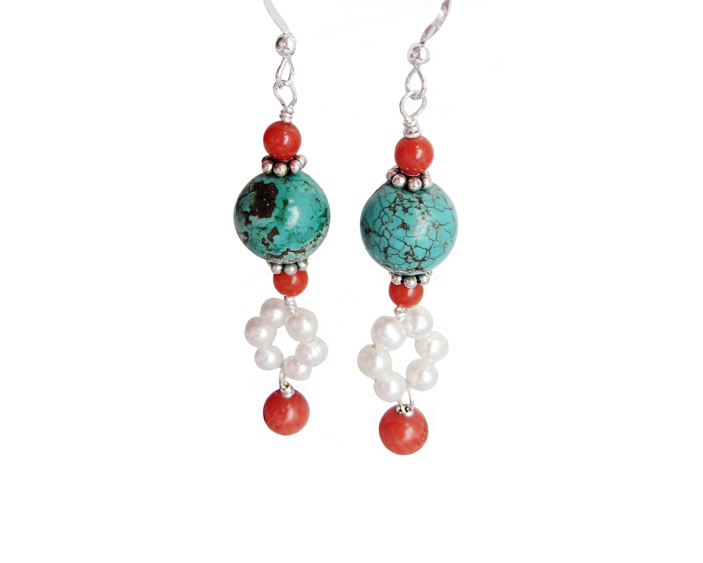 Celebration Long Turquoise Coral Pearl Earrings