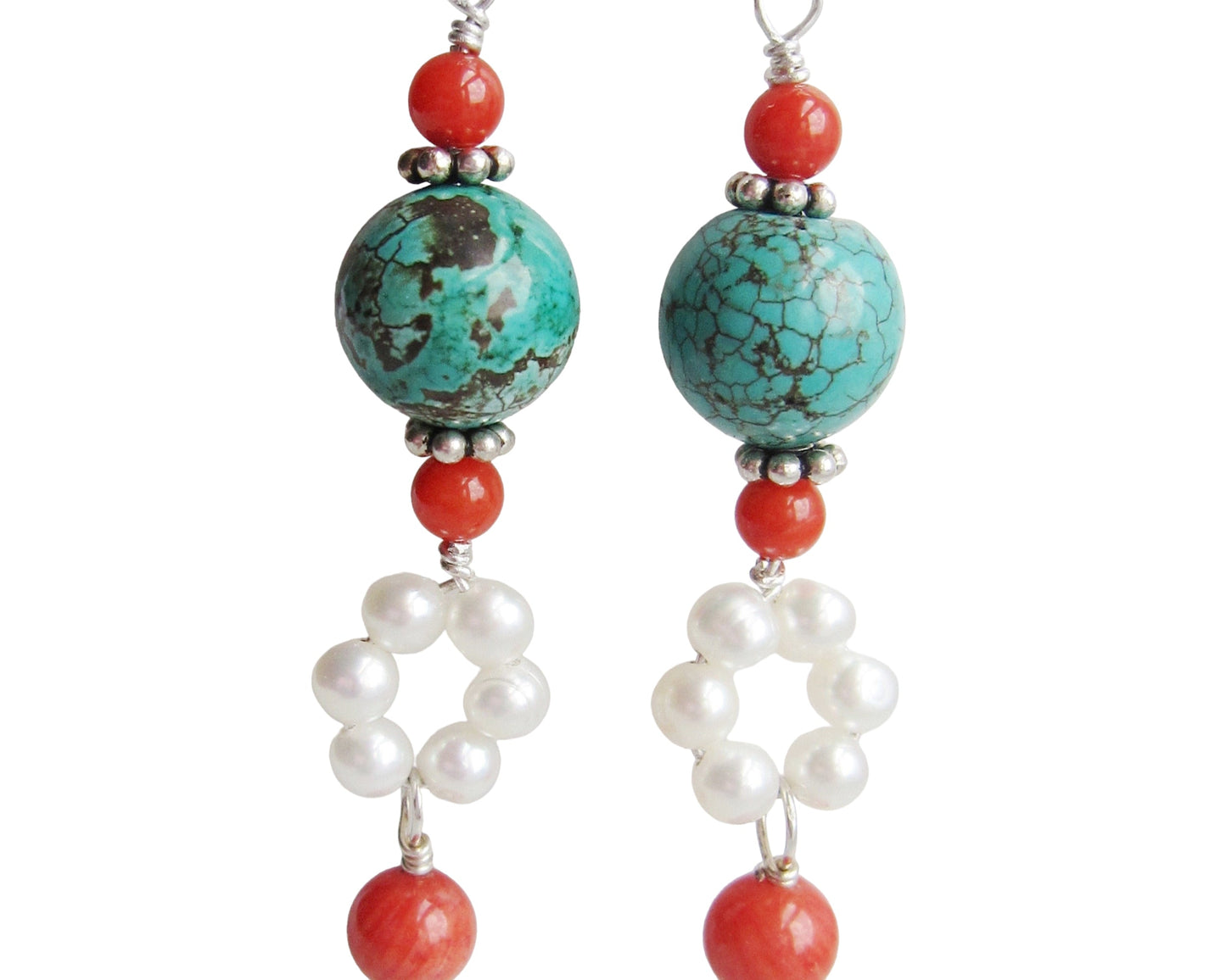 Celebration Long Turquoise Coral Pearl Earrings