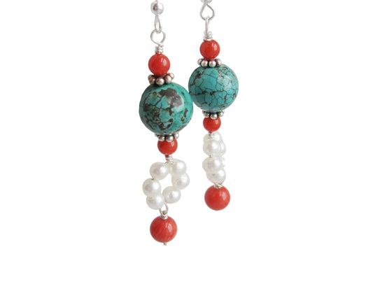 Celebration Long Turquoise Coral Pearl Earrings