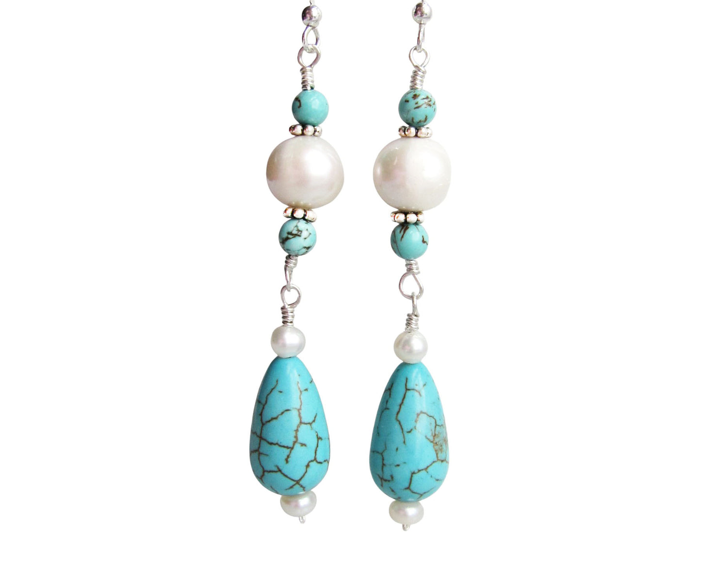 Long Art Deco Inspired Turquoise and Pearl Earrings, Sterling Silver, White Freshwater Pearls, Turquoise Earrings, Pearl Earrings