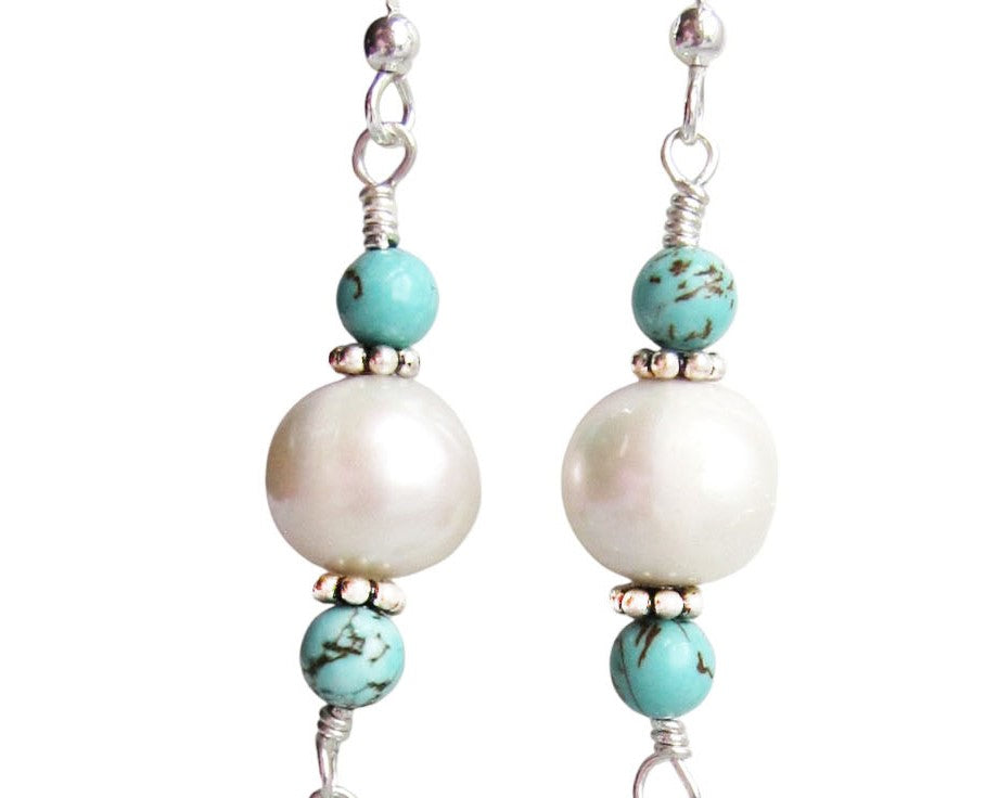 Long Art Deco Inspired Turquoise and Pearl Earrings, Sterling Silver, White Freshwater Pearls, Turquoise Earrings, Pearl Earrings