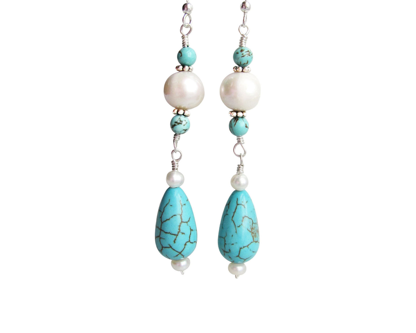 Long Art Deco Inspired Turquoise and Pearl Earrings, Sterling Silver, White Freshwater Pearls, Turquoise Earrings, Pearl Earrings