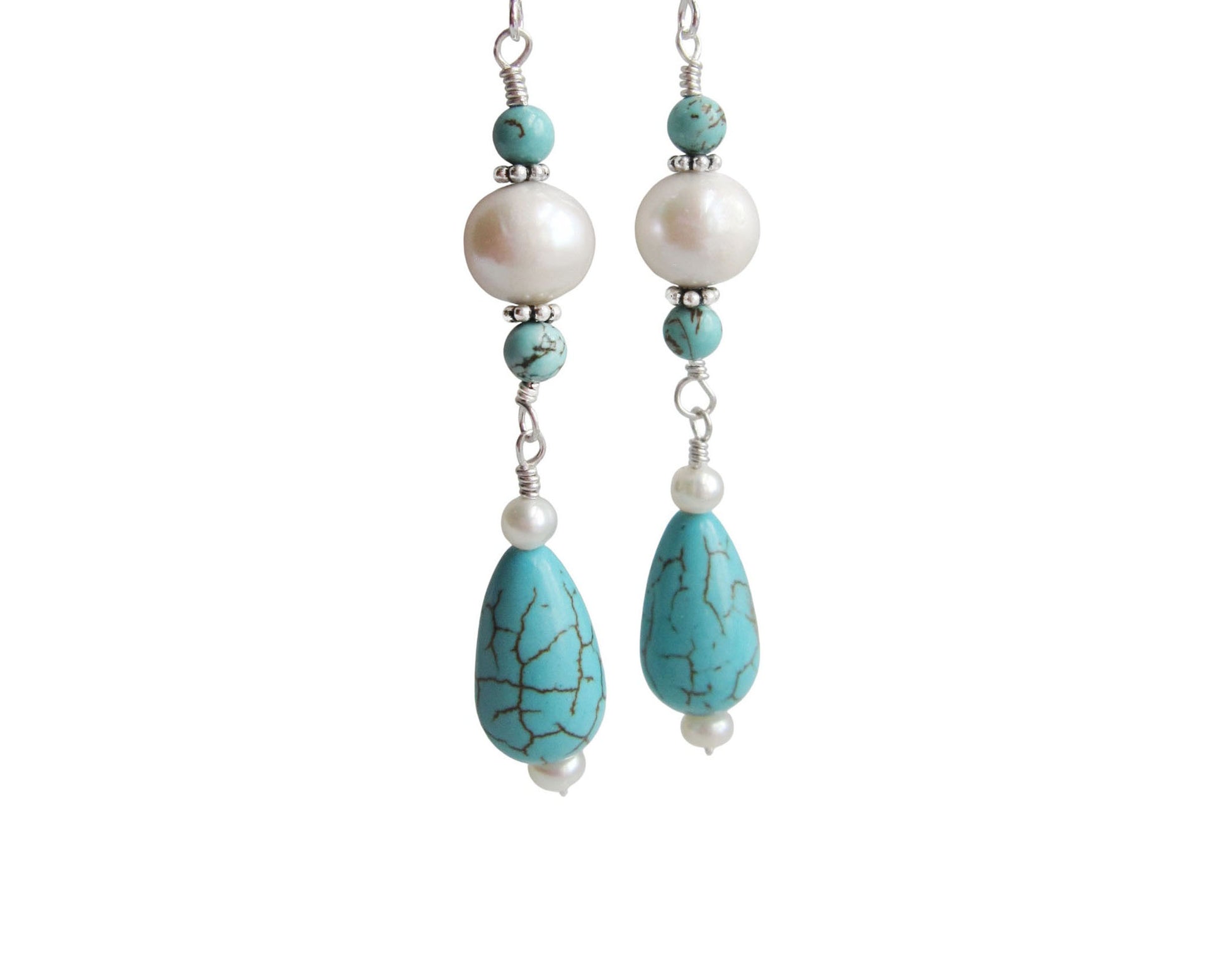 Long Art Deco Inspired Turquoise and Pearl Earrings, Sterling Silver, White Freshwater Pearls, Turquoise Earrings, Pearl Earrings