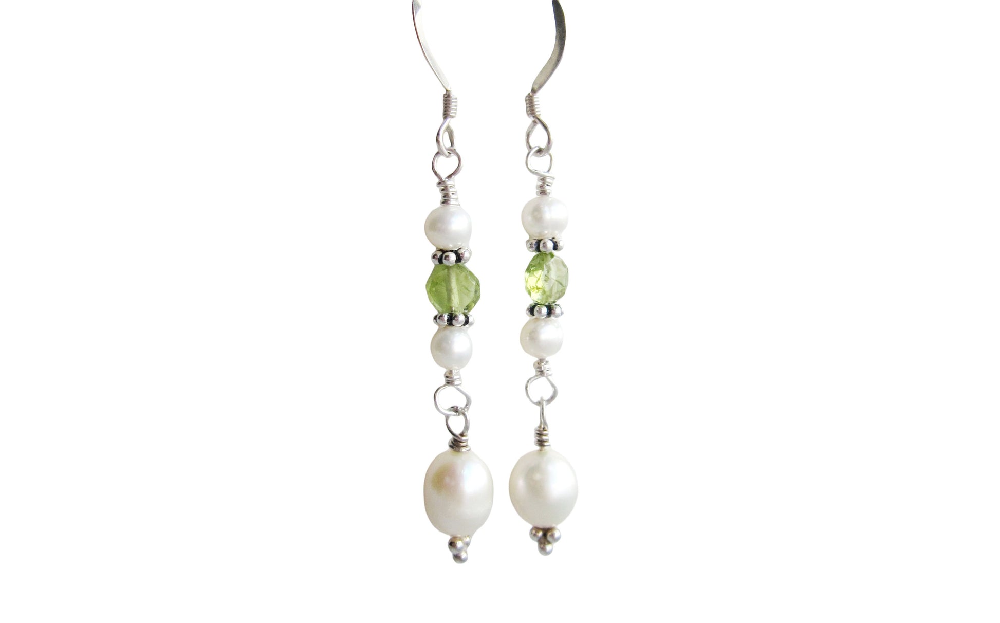 Long Peridot & Freshwater Cultured Pearl Dangle Earrings with Sterling Silver earring hooks displayed on white background 