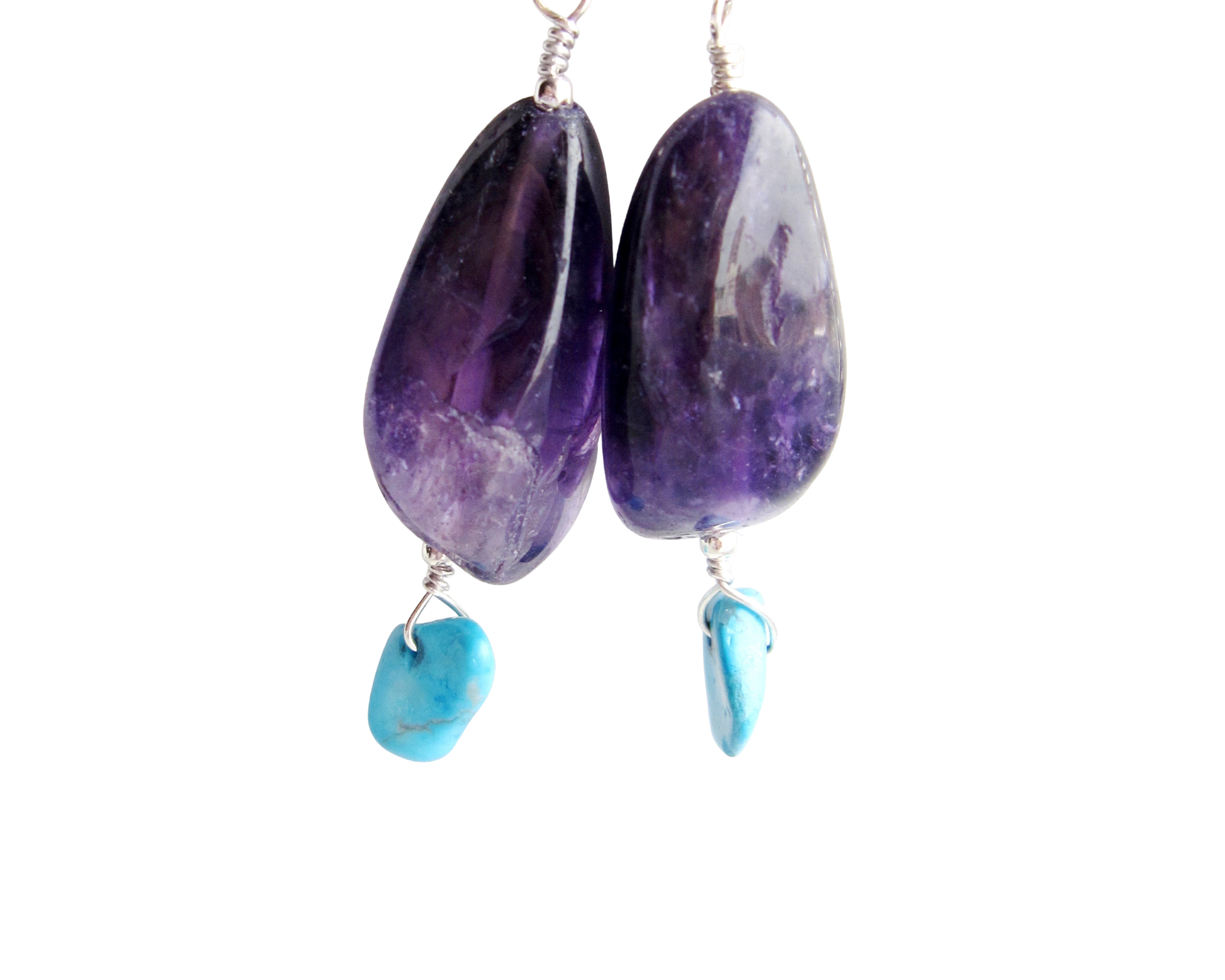 Long  Sterling Silver Amethyst Nugget and Turquoise Howlite Earrings