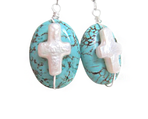 Resurrection Turquoise Egg Pearl Cross Earrings, Sterling Sivler Dangle Earring with Oval Shaped Turquoise Stones and White Freshwater Cultured Pearl Cross