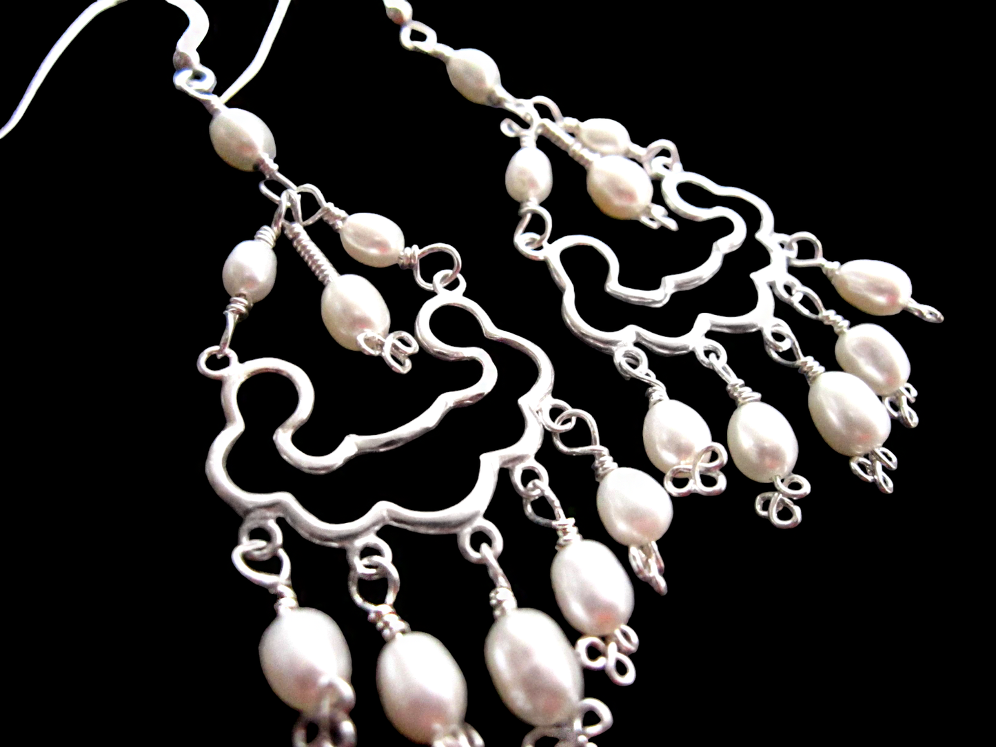 Long Pearl Chandelier Earrings, Sterling Silver, Celtic knots and Freshwater Cultured Pearls