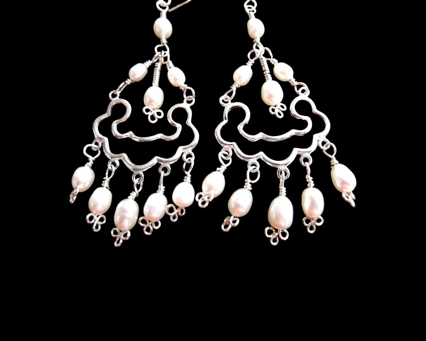 Long Pearl Chandelier Earrings, Sterling Silver, Celtic knots and Freshwater Cultured Pearls
