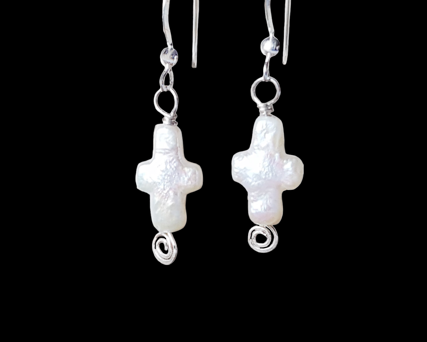 Pearl Cross Earrings, Sterling Silver Freshwater Cultured Pearl Cross’s, Wire Wrapped Celtic Inspired Dangle Earrings