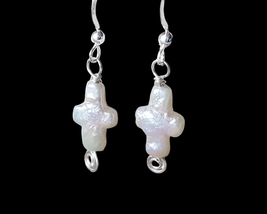 Pearl Cross Earrings, Sterling Silver Freshwater Cultured Pearl Cross’s, Wire Wrapped Celtic Inspired Dangle Earrings