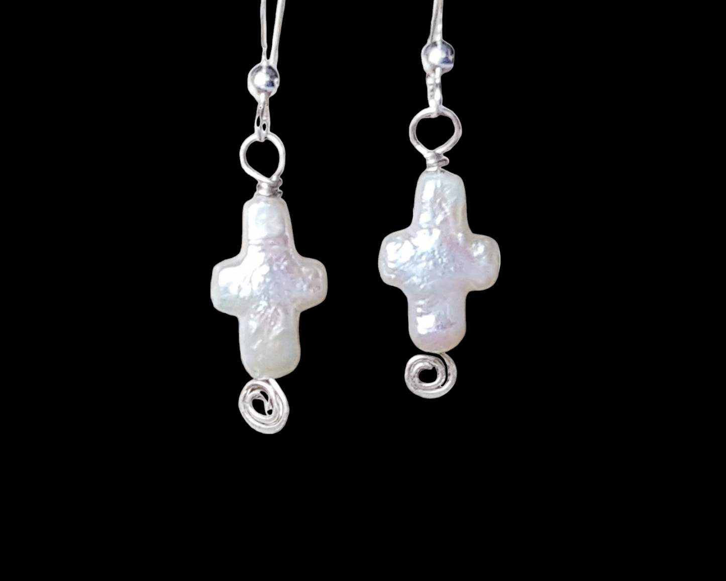 Pearl Cross Earrings, Sterling Silver Freshwater Cultured Pearl Cross’s, Wire Wrapped Celtic Inspired Dangle Earrings