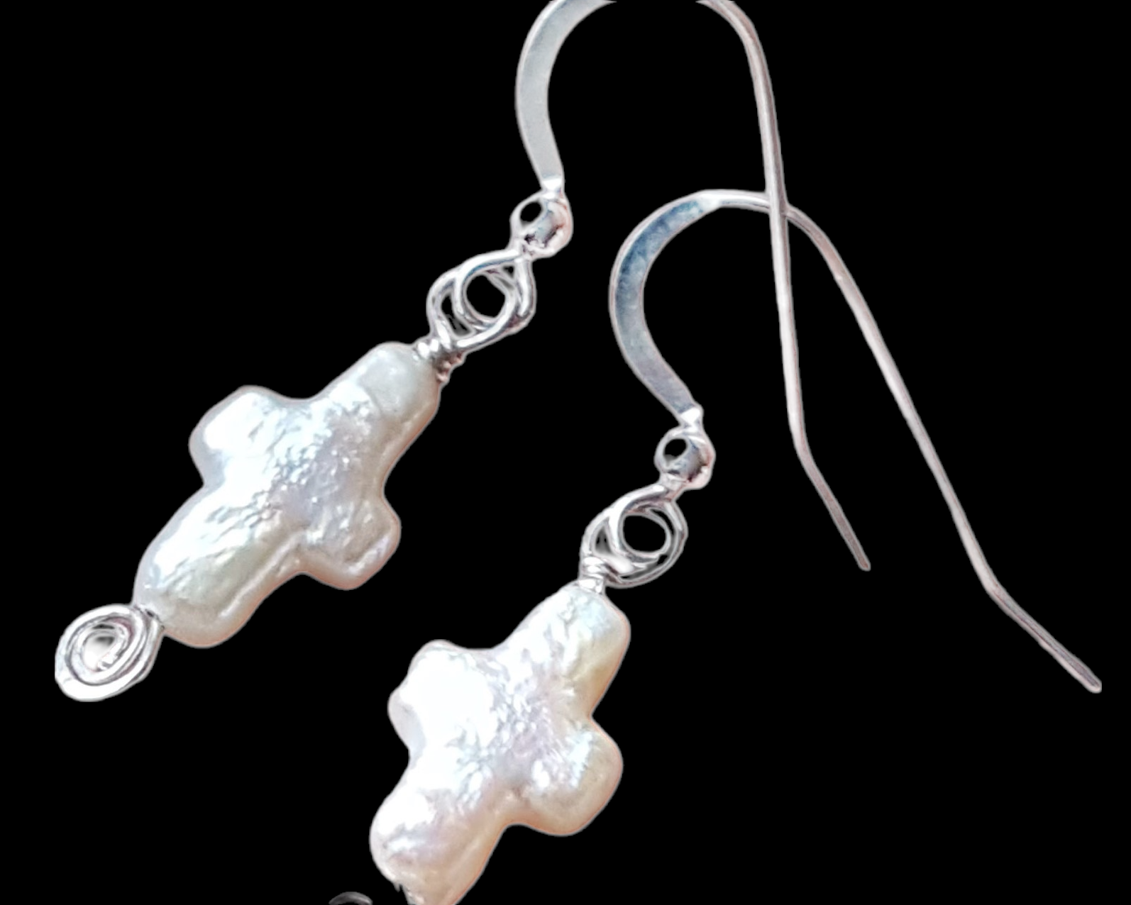 Pearl Cross Earrings, Sterling Silver Freshwater Cultured Pearl Cross’s, Wire Wrapped Celtic Inspired Dangle Earrings