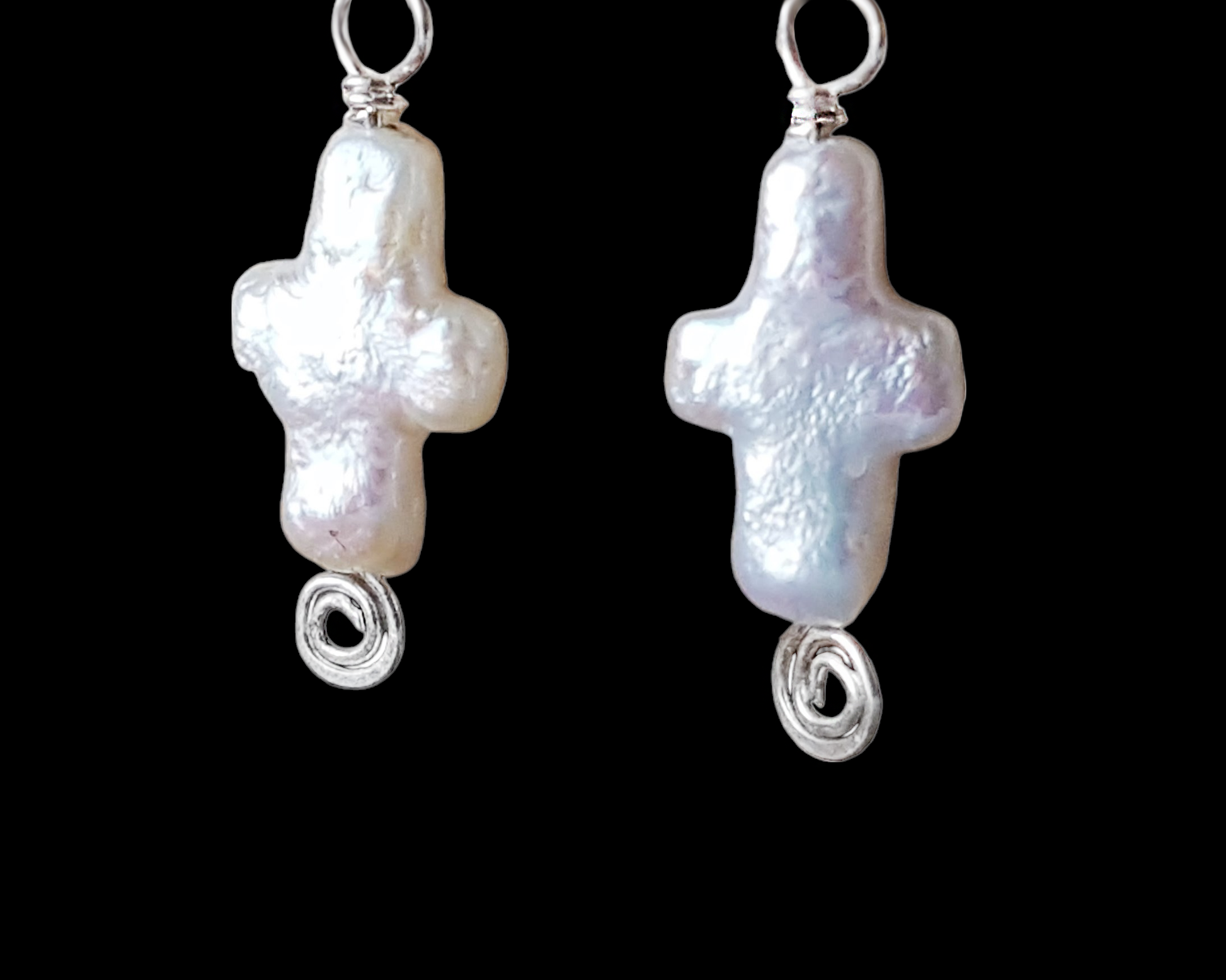 Pearl Cross Earrings, Sterling Silver Freshwater Cultured Pearl Cross’s, Wire Wrapped Celtic Inspired Dangle Earrings