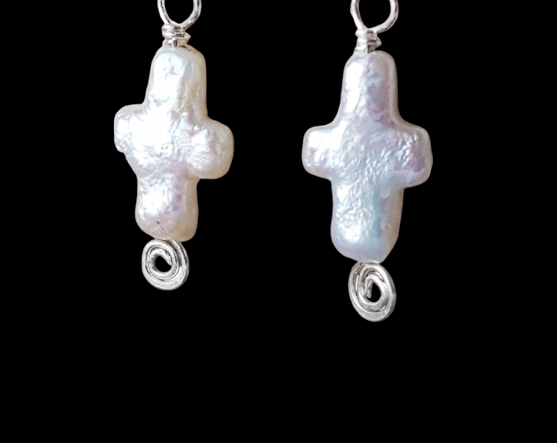 Pearl Cross Earrings, Sterling Silver Freshwater Cultured Pearl Cross’s, Wire Wrapped Celtic Inspired Dangle Earrings